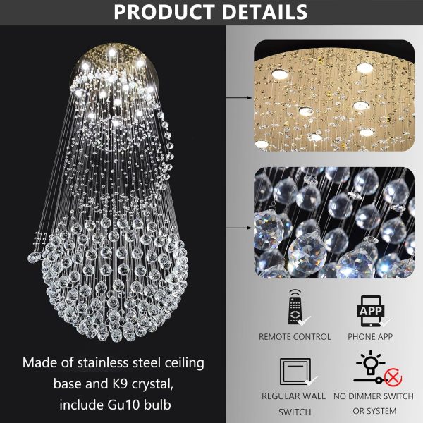 D32'' x H100'' Crystal Chandelier for Entryway High Ceiling Chandeliers Glam Chandelier Modern Large Raindrop Chandeliers LED Dimmable Light Fixtures for Staircaes Foyer Living Room Gold - Image 2