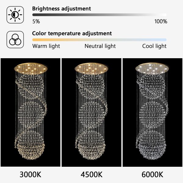 D32'' x H100'' Crystal Chandelier for Entryway High Ceiling Chandeliers Glam Chandelier Modern Large Raindrop Chandeliers LED Dimmable Light Fixtures for Staircaes Foyer Living Room Gold - Image 4