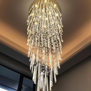 98'' Modern Crystal Chandelier High Ceiling Chandeliers for Entryway Large Raindrop Chandeliers LED Dimmable Flush Mount Light Fixtures for Staircaes Foyer Hallway Living Room LED Bulbs Included Gold