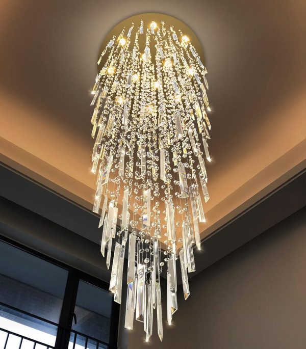 98'' Modern Crystal Chandelier High Ceiling Chandeliers for Entryway Large Raindrop Chandeliers LED Dimmable Flush Mount Light Fixtures for Staircaes Foyer Hallway Living Room LED Bulbs Included Gold