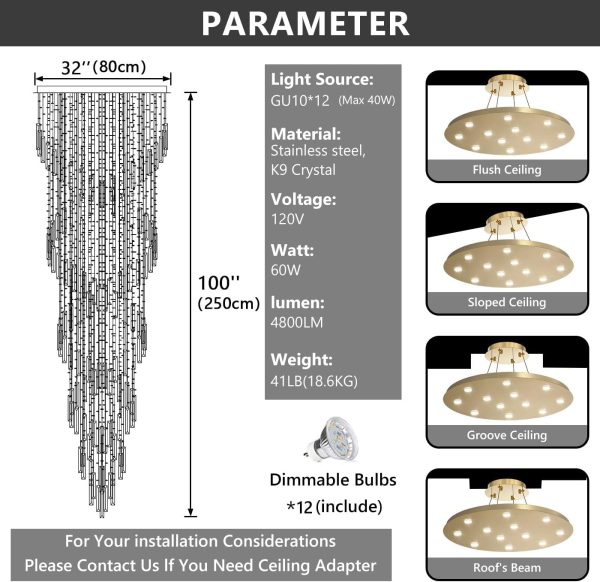 98'' Modern Crystal Chandelier High Ceiling Chandeliers for Entryway Large Raindrop Chandeliers LED Dimmable Flush Mount Light Fixtures for Staircaes Foyer Hallway Living Room LED Bulbs Included Gold - Image 2