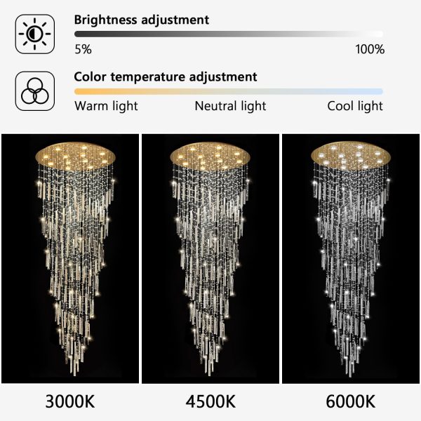 98'' Modern Crystal Chandelier High Ceiling Chandeliers for Entryway Large Raindrop Chandeliers LED Dimmable Flush Mount Light Fixtures for Staircaes Foyer Hallway Living Room LED Bulbs Included Gold - Image 3