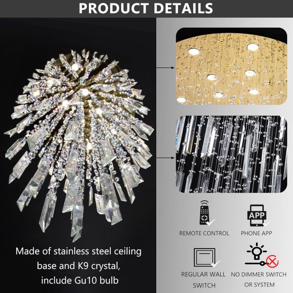 98'' Modern Crystal Chandelier High Ceiling Chandeliers for Entryway Large Raindrop Chandeliers LED Dimmable Flush Mount Light Fixtures for Staircaes Foyer Hallway Living Room LED Bulbs Included Gold - Image 4