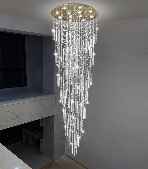 98'' Modern Crystal Chandelier High Ceiling Chandeliers for Entryway Large Raindrop Chandeliers LED Dimmable Flush Mount Light Fixtures for Staircaes Foyer Hallway Living Room LED Bulbs Included Gold - Image 6