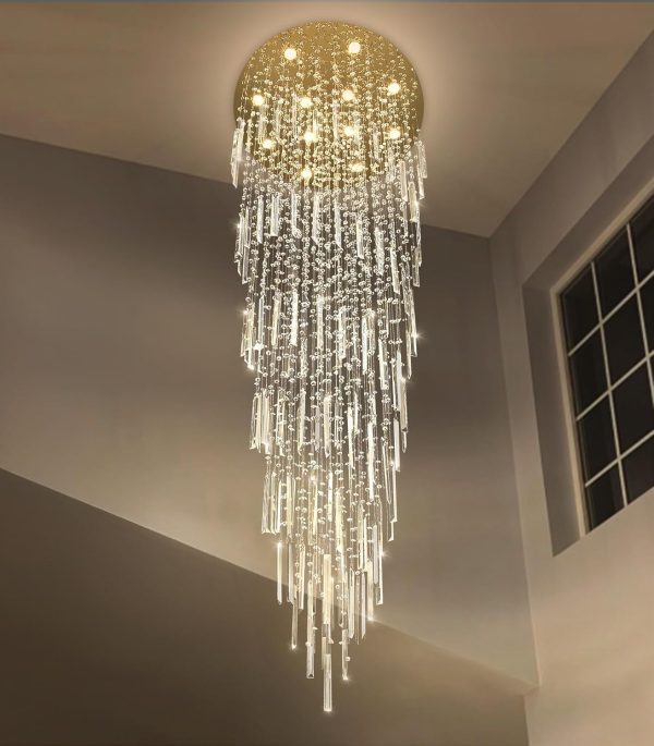 98'' Modern Crystal Chandelier High Ceiling Chandeliers for Entryway Large Raindrop Chandeliers LED Dimmable Flush Mount Light Fixtures for Staircaes Foyer Hallway Living Room LED Bulbs Included Gold - Image 7
