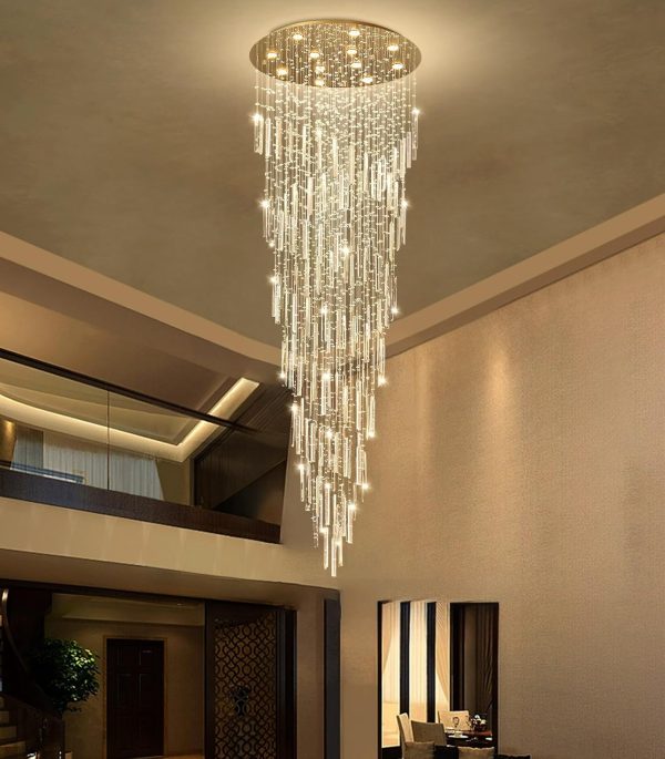 98'' Modern Crystal Chandelier High Ceiling Chandeliers for Entryway Large Raindrop Chandeliers LED Dimmable Flush Mount Light Fixtures for Staircaes Foyer Hallway Living Room LED Bulbs Included Gold - Image 8