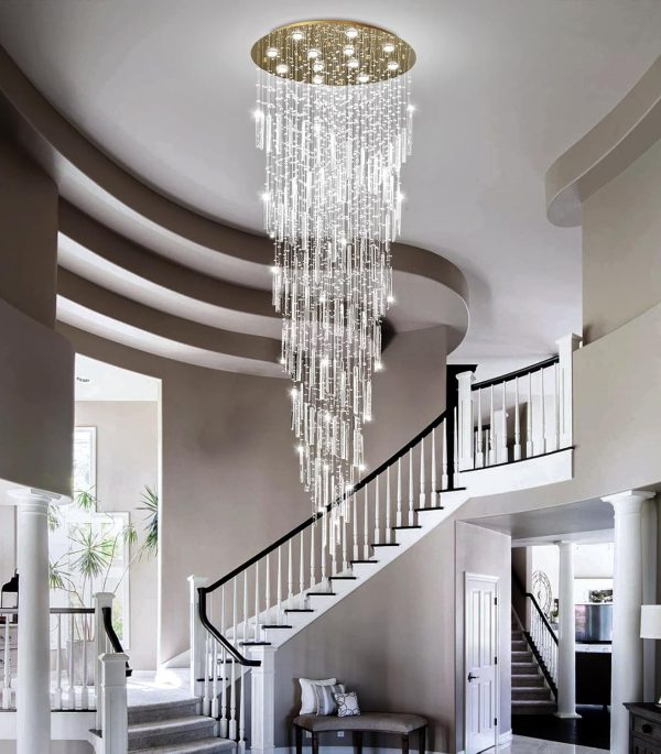 98'' Modern Crystal Chandelier High Ceiling Chandeliers for Entryway Large Raindrop Chandeliers LED Dimmable Flush Mount Light Fixtures for Staircaes Foyer Hallway Living Room LED Bulbs Included Gold - Image 9