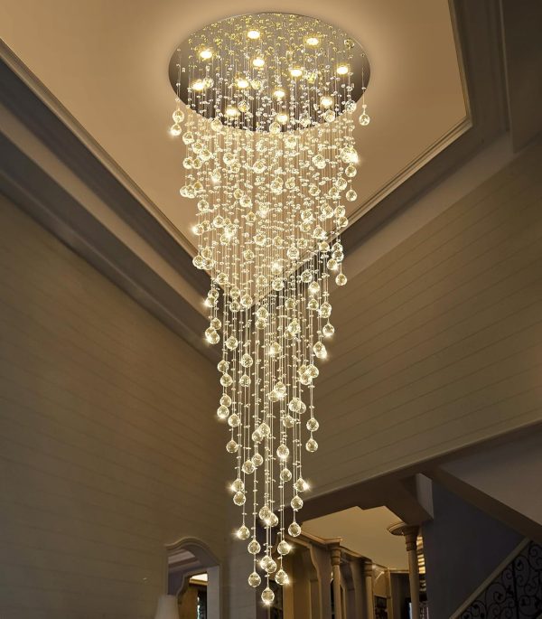 D32'' x H100'' Modern Crystal Chandelier for Entryway Raindrop Chandeliers Glam Chandelier LED Dimmable High Ceiling Light Fixtures for Staircaes Hallway Foyer Living Room