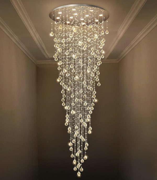 D32'' x H100'' Modern Crystal Chandelier for Entryway Raindrop Chandeliers Glam Chandelier LED Dimmable High Ceiling Light Fixtures for Staircaes Hallway Foyer Living Room - Image 5