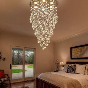 36'' Modern Crystal Chandelier for Entryway Raindrop Chandeliers LED Dimmable High Ceiling Flush Mount Light Fixtures for Staircaes Hallway Foyer Living Room LED Bulbs Included Gold