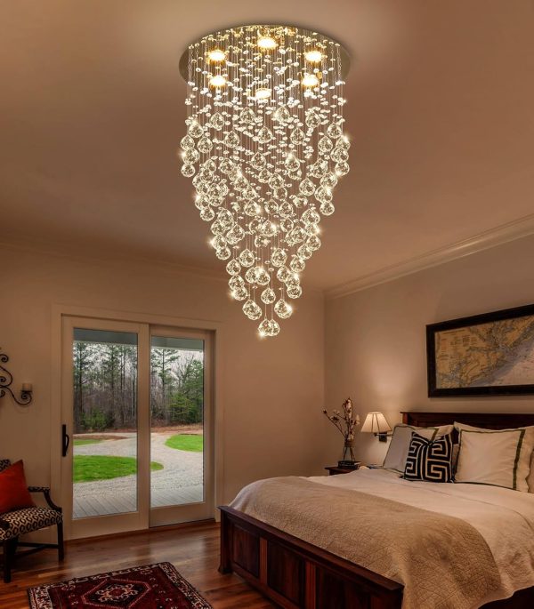36'' Modern Crystal Chandelier for Entryway Raindrop Chandeliers LED Dimmable High Ceiling Flush Mount Light Fixtures for Staircaes Hallway Foyer Living Room LED Bulbs Included Gold
