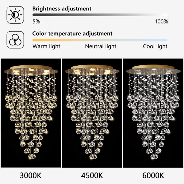 36'' Modern Crystal Chandelier for Entryway Raindrop Chandeliers LED Dimmable High Ceiling Flush Mount Light Fixtures for Staircaes Hallway Foyer Living Room LED Bulbs Included Gold - Image 3