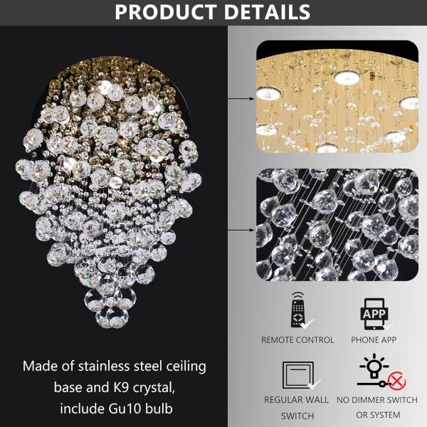 36'' Modern Crystal Chandelier for Entryway Raindrop Chandeliers LED Dimmable High Ceiling Flush Mount Light Fixtures for Staircaes Hallway Foyer Living Room LED Bulbs Included Gold - Image 4