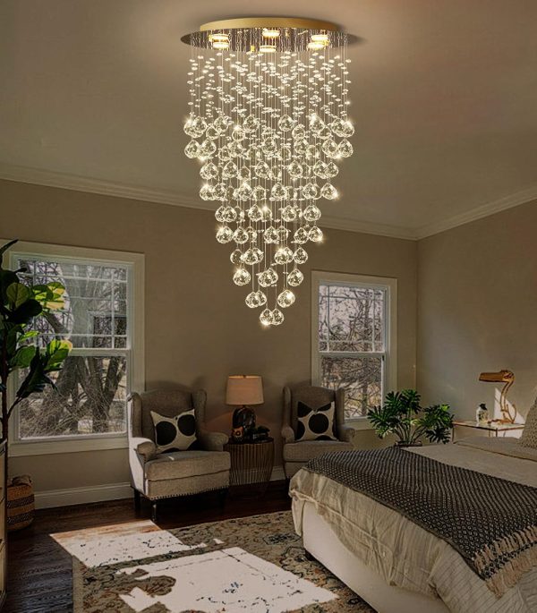 36'' Modern Crystal Chandelier for Entryway Raindrop Chandeliers LED Dimmable High Ceiling Flush Mount Light Fixtures for Staircaes Hallway Foyer Living Room LED Bulbs Included Gold - Image 5