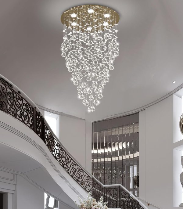 36'' Modern Crystal Chandelier for Entryway Raindrop Chandeliers LED Dimmable High Ceiling Flush Mount Light Fixtures for Staircaes Hallway Foyer Living Room LED Bulbs Included Gold - Image 6