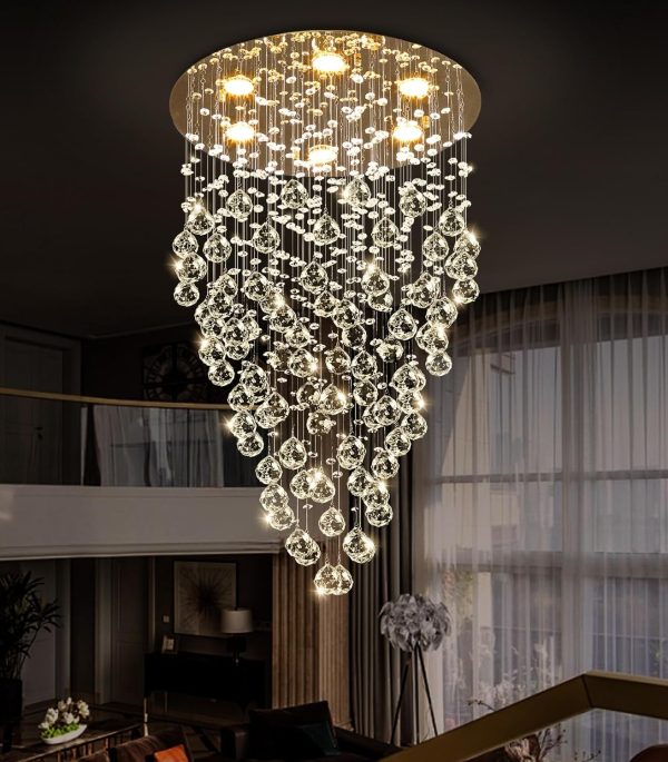 36'' Modern Crystal Chandelier for Entryway Raindrop Chandeliers LED Dimmable High Ceiling Flush Mount Light Fixtures for Staircaes Hallway Foyer Living Room LED Bulbs Included Gold - Image 7