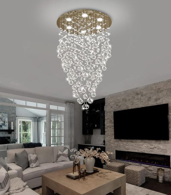 36'' Modern Crystal Chandelier for Entryway Raindrop Chandeliers LED Dimmable High Ceiling Flush Mount Light Fixtures for Staircaes Hallway Foyer Living Room LED Bulbs Included Gold - Image 8