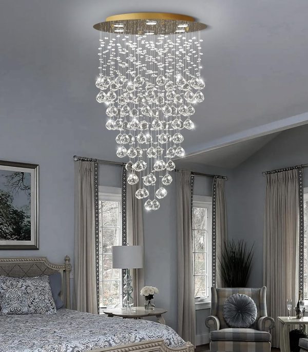 36'' Modern Crystal Chandelier for Entryway Raindrop Chandeliers LED Dimmable High Ceiling Flush Mount Light Fixtures for Staircaes Hallway Foyer Living Room LED Bulbs Included Gold - Image 9