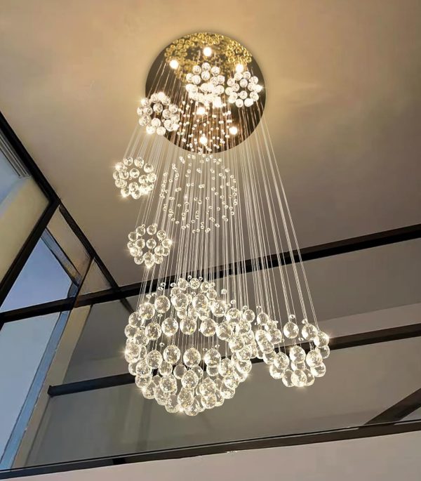Modern Large Chandelier for Foyer Raindrop Crystal Chandeliers LED Dimmable High Ceiling Flush Mount Light Fixtures for Staircaes Hallway Entryway 78.7'' Gold - Image 2