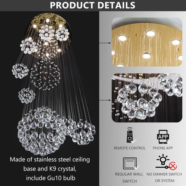 Modern Large Chandelier for Foyer Raindrop Crystal Chandeliers LED Dimmable High Ceiling Flush Mount Light Fixtures for Staircaes Hallway Entryway 78.7'' Gold - Image 3