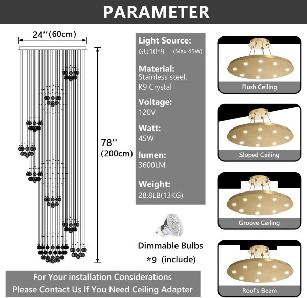 Modern Large Chandelier for Foyer Raindrop Crystal Chandeliers LED Dimmable High Ceiling Flush Mount Light Fixtures for Staircaes Hallway Entryway 78.7'' Gold - Image 4
