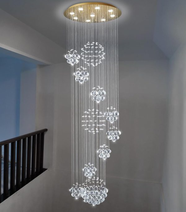 Modern Large Chandelier for Foyer Raindrop Crystal Chandeliers LED Dimmable High Ceiling Flush Mount Light Fixtures for Staircaes Hallway Entryway 78.7'' Gold - Image 7