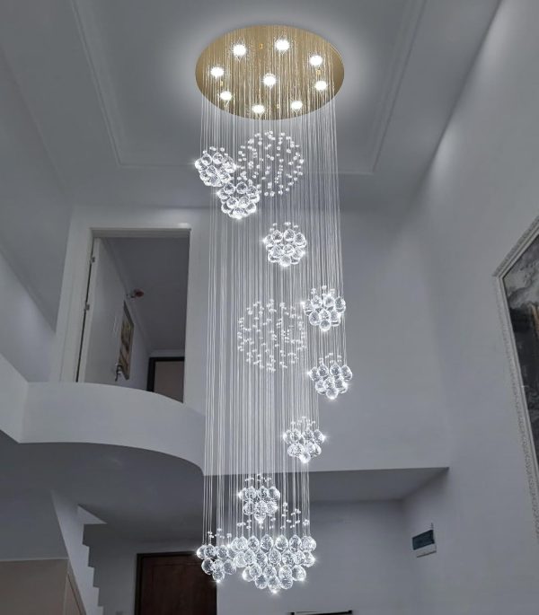 Modern Large Chandelier for Foyer Raindrop Crystal Chandeliers LED Dimmable High Ceiling Flush Mount Light Fixtures for Staircaes Hallway Entryway 78.7'' Gold - Image 8